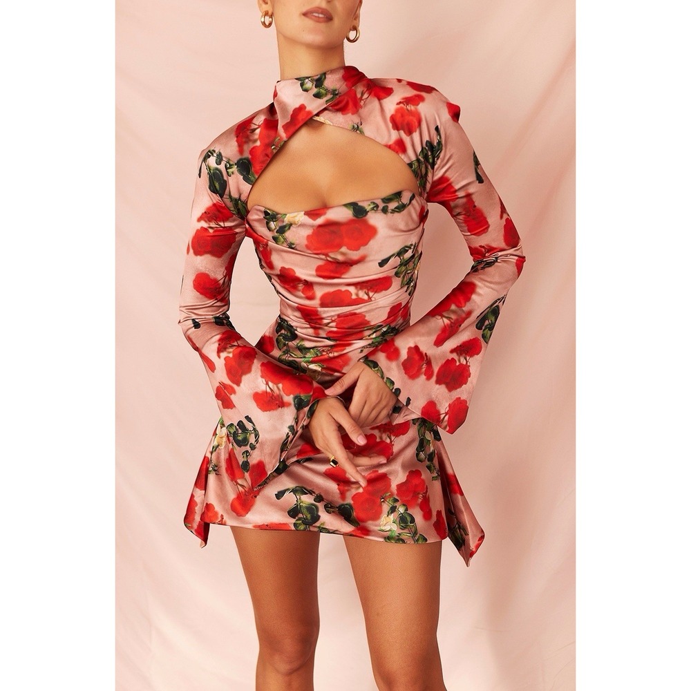 House of CB Toira Rose Print Satin Corset Mini Dress Flared Sleeve Pink Size XS